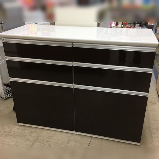 J862 古賀家具 ダストボックス付きキッチンカウンター ダークブラウン×ホワイト 1204×482×942 クリーニング済み