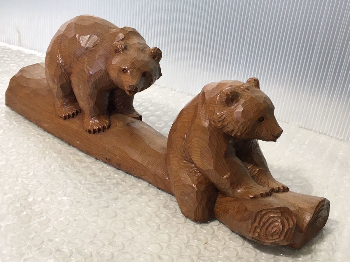 古い 木彫 熊 検索(在銘 菊川作? かわいい なかよし クマちゃん そり遊び? 木遊び? カワイイお口 やんちゃ くま 癒し系 一刀彫り 木工
