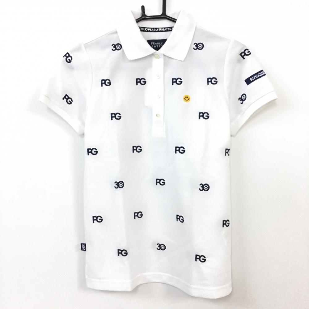 【新品】PEARLY GATES パーリーゲイツ 半袖ポロシャツ 白×ネイビー 30周年 ロゴ刺しゅう 総柄 スマイル レディース 0(S) ゴルフウェア