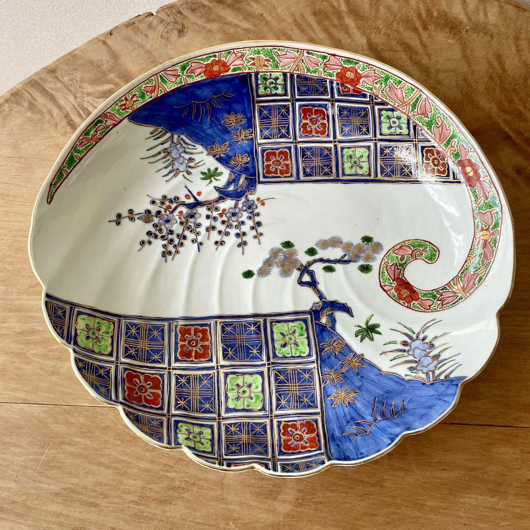 骨董 伊万里 鮑皿 貝大皿 金彩 色絵皿 花市松 松竹梅 変形皿 33×30cm