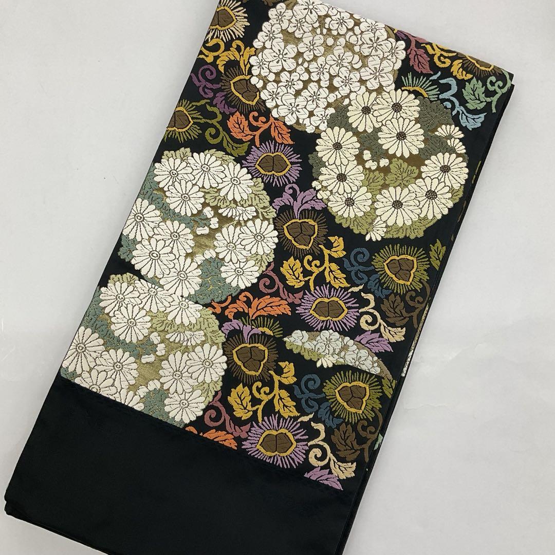 袋帯　未仕立て品　六通　西陣織　栗　菊　黒系　正絹　No.23