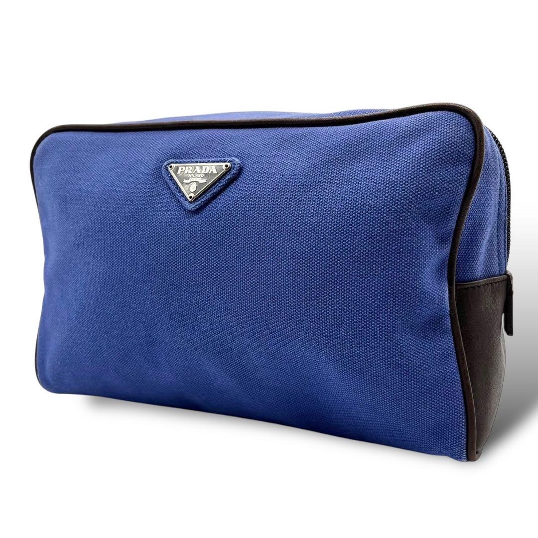 美品 796 PRADA プラダ ポーチ 小物入れ 三角ロゴ キャンバス レザー