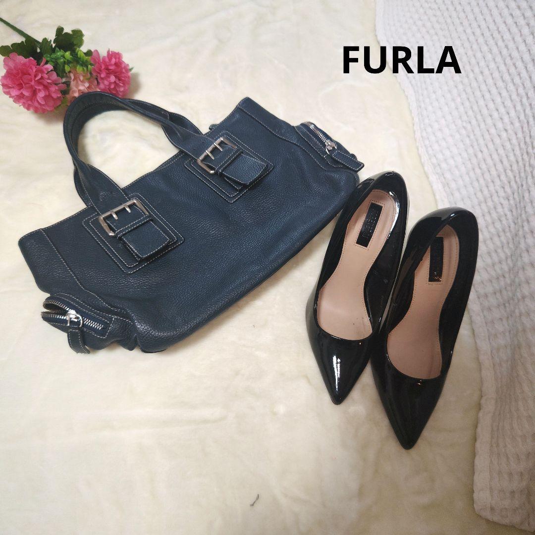【高級感☆オシャレ☆FURLA】ネイビー　ハンドバッグ　サイドポケット